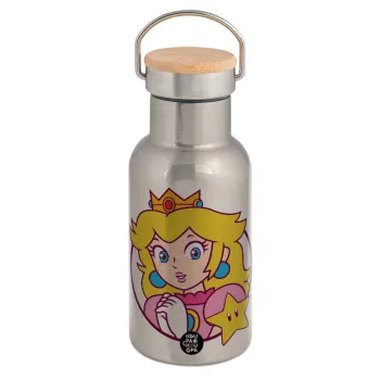 Princess Peach, Μεταλλικό παγούρι θερμός (Stainless steel) Ασημένιο με ξύλινο καπακι (bamboo), διπλού τοιχώματος, 350ml