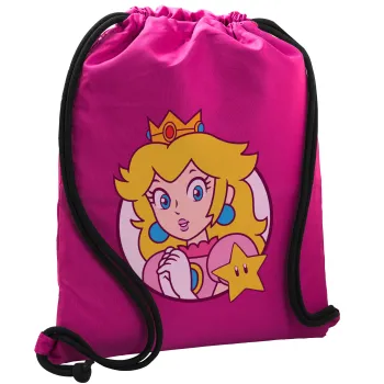 Princess Peach, Τσάντα πλάτης πουγκί GYMBAG Φούξια, με τσέπη (40x48cm) & χονδρά κορδόνια