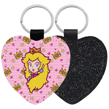 Princess Peach, Μπρελόκ PU δερμάτινο glitter καρδιά ΜΑΥΡΟ