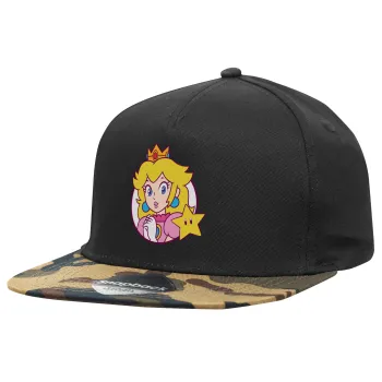 Princess Peach, Adult Flat Snapback Hat Black/Camouflage, (100% COTTON TWILL, ADULT, UNISEX, ONE SIZE)