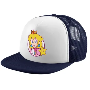 Princess Peach, Adult Soft Trucker Hat with Dark Blue/White Mesh (POLYESTER, ADULT, UNISEX, ONE SIZE)