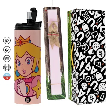 Princess Peach, Easter candle,Travel Tumbler 2 Lids, with metal straw & cleaning brush & aromatic flat candle (30cm) (PINK)