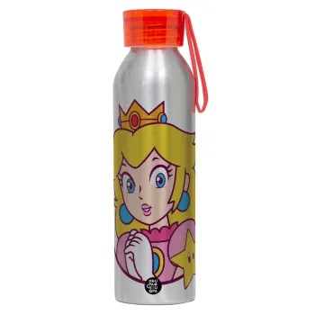 Princess Peach, Αλουμινένιο Αθλητικό Μπουκάλι 650ml – Ασημί με Κόκκινο Καπάκι και Λουράκι Σιλικόνης