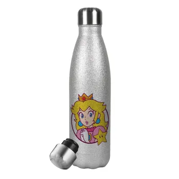 Princess Peach, Μεταλλικό παγούρι θερμός Glitter Aσημένιο (Stainless steel), διπλού τοιχώματος, 500ml