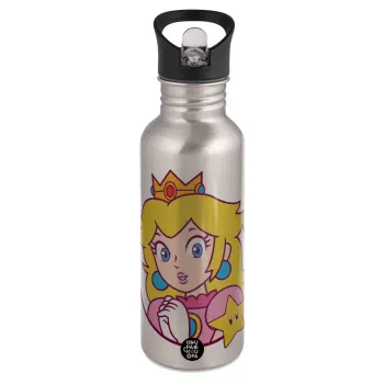 Princess Peach, Παγούρι νερού Ασημένιο με καλαμάκι, ανοξείδωτο ατσάλι 600ml