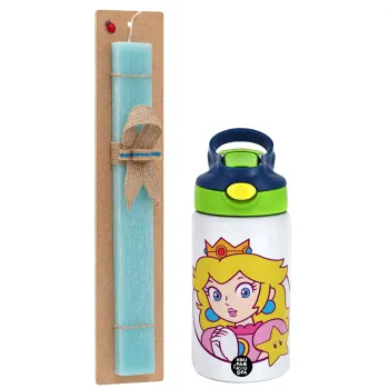 Princess Peach, Easter Set, Children's thermal stainless steel bottle with safety straw, green/blue (350ml) & aromatic flat Easter candle (30cm) (TURQUOISE)