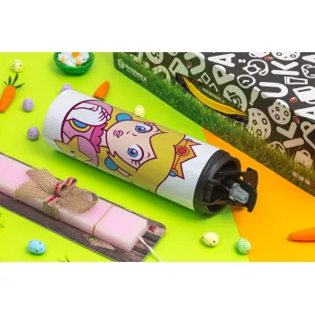Princess Peach, Πασχαλινή Λαμπάδα με Travel Tumbler θερμό με διπλό καπάκι (600ml, BPA free) & κερί αρωματικό πλακέ (30cm) (ΡΟΖ)