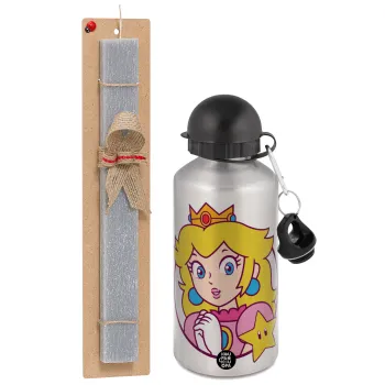 Princess Peach, Πασχαλινή Λαμπάδα με παγούρι μεταλλικό Ασημένιο αλουμινίου (500ml) & κερί αρωματικό πλακέ (30cm) (ΓΚΡΙ)