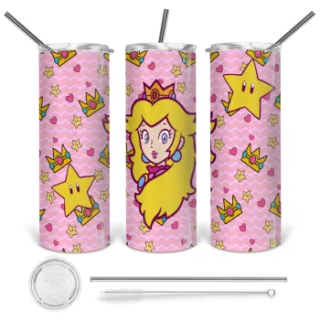 Princess Peach, Tumbler ποτήρι θερμό από ανοξείδωτο ατσάλι 600ml, με μεταλλικό καλαμάκι & βούρτσα καθαρισμού