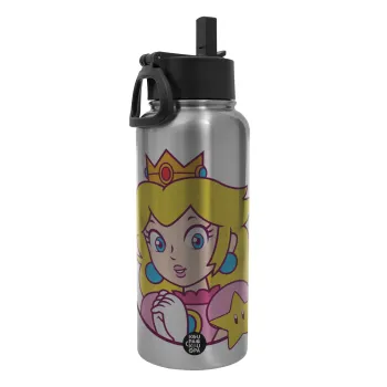 Princess Peach, Metal mug thermo Silver with Straw and Spout Lid (Stainless steel), double wall, 950ml