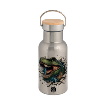 Dinosaur break wall, Stainless steel metallic thermos flask, silver with a bamboo lid, double-walled, 350ml.