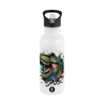 Dinosaur break wall, White water bottle with straw, stainless steel 600ml