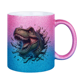Dinosaur break wall, Κούπα Χρυσή/Μπλε Glitter, κεραμική, 330ml