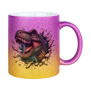Dinosaur break wall, Κούπα Χρυσή/Ροζ Glitter, κεραμική, 330ml