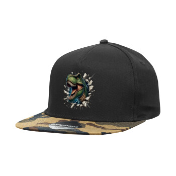 Dinosaur break wall, Adult Flat Snapback Hat Black/Camouflage, (100% COTTON TWILL, ADULT, UNISEX, ONE SIZE)