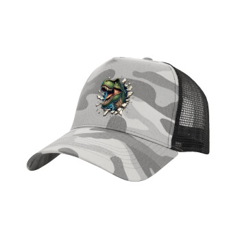 Dinosaur break wall, Καπέλο Ενηλίκων Structured Trucker, με Δίχτυ, (παραλλαγή) Army Camo (100% ΒΑΜΒΑΚΕΡΟ, ΕΝΗΛΙΚΩΝ, UNISEX, ONE SIZE)