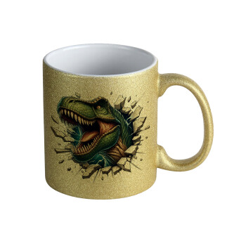 Dinosaur break wall, Κούπα Χρυσή Glitter που γυαλίζει, κεραμική, 330ml