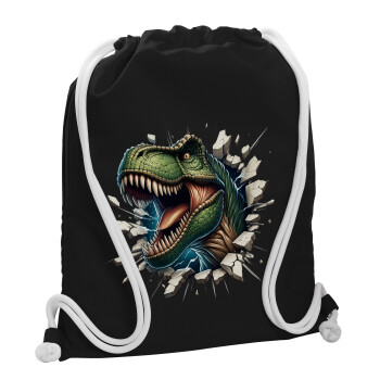 Dinosaur break wall, Τσάντα πλάτης πουγκί GYMBAG Μαύρη, με τσέπη (40x48cm) & χονδρά λευκά κορδόνια