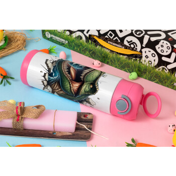 Dinosaur break wall, Πασχαλινή Λαμπάδα με Παιδικό παγούρι θερμό, ανοξείδωτο, με καλαμάκι ασφαλείας, ΡΟΖ (500ml)