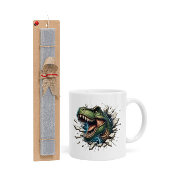 Dinosaur break wall, Easter Set, Ceramic Cup (330ml) & Easter aromatic flat candle (30cm) (GRAY)