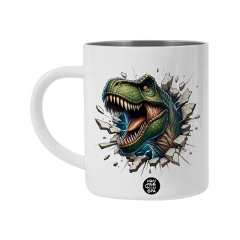 Dinosaur break wall, Λευκή Ανοξείδωτη Μεταλλική Κούπα 450ml - Διπλού Τοιχώματος 