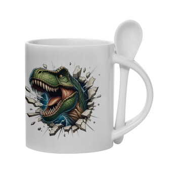 Dinosaur break wall, Ceramic coffee mug with Spoon, 330ml (1pcs)