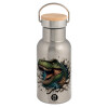 Stainless steel metallic thermos flask, silver with a bamboo lid, double-walled, 350ml.