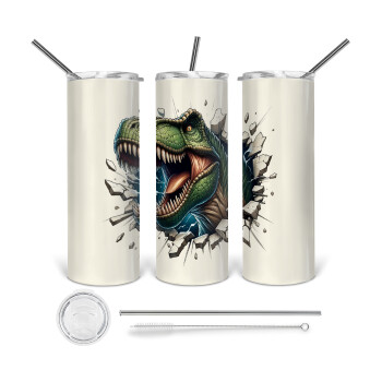 Dinosaur break wall, Tumbler ποτήρι θερμό από ανοξείδωτο ατσάλι 600ml, με μεταλλικό καλαμάκι & βούρτσα καθαρισμού