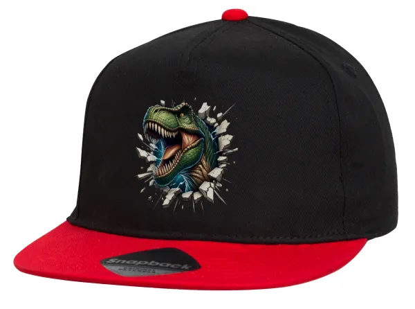 Dinosaur break wall — Flat Snapback Hat, Black/Red (100% COTTON, UNISEX, ONE SIZE)