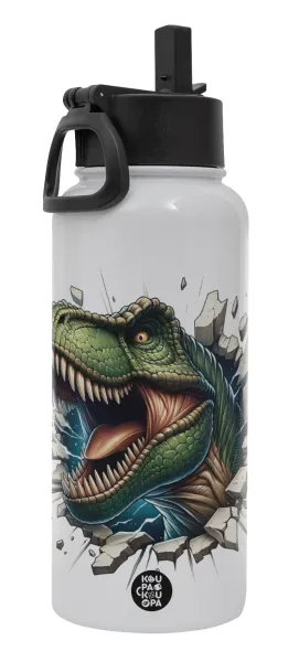 Dinosaur break wall — Μεταλλικό παγούρι θερμός Λευκό με καλαμάκι και χερούλι (Stainless steel), διπλού τοιχώματος, 950ml