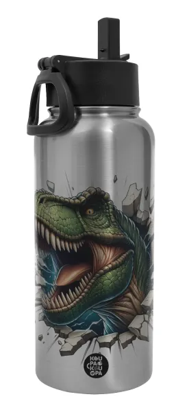 Dinosaur break wall — Metal mug thermo Silver with Straw and Spout Lid (Stainless steel), double wall, 950ml