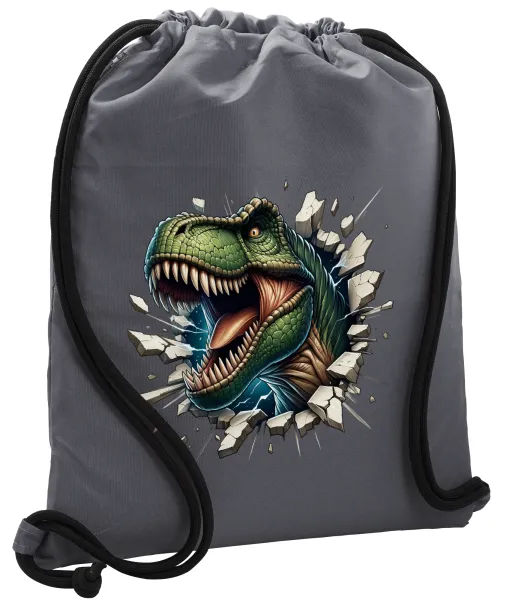Dinosaur break wall — Τσάντα πλάτης πουγκί GYMBAG ΓΚΡΙ, με τσέπη (40x48cm) & χονδρά κορδόνια
