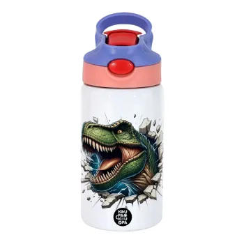 Dinosaur break wall, Παιδικό παγούρι θερμό, ανοξείδωτο, με καλαμάκι ασφαλείας, ροζ/μωβ (350ml)