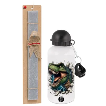 Dinosaur break wall, Πασχαλινή Λαμπάδα με παγούρι μεταλλικό  αλουμινίου (500ml) & κερί αρωματικό πλακέ (30cm) (ΓΚΡΙ)