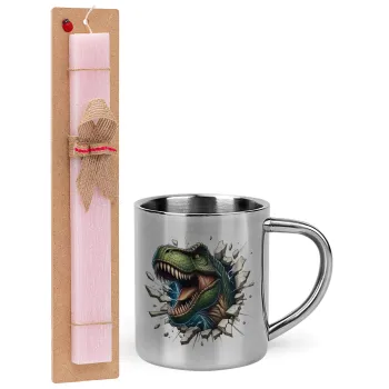 Dinosaur break wall, Easter Set, metallic thermal cup (300ml) & aromatic flat Easter candle (30cm) (PINK)