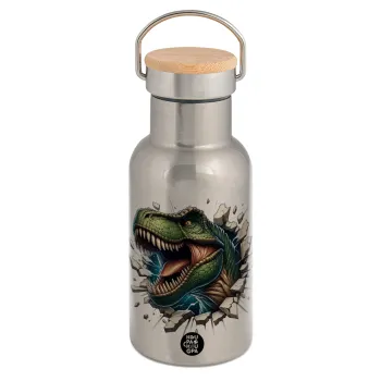 Dinosaur break wall, Stainless steel metallic thermos flask, silver with a bamboo lid, double-walled, 350ml.