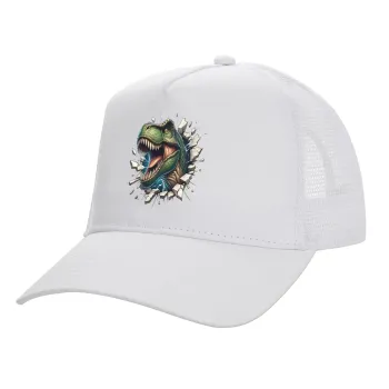Dinosaur break wall, Structured Trucker Adult Hat, with Mesh, WHITE (100% COTTON, ADULT, UNISEX, ONE SIZE)