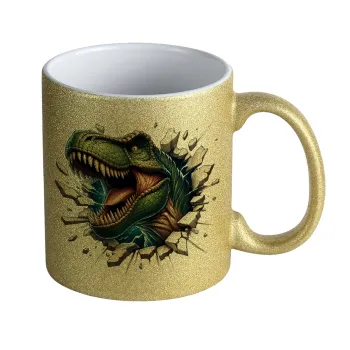Dinosaur break wall, Κούπα Χρυσή Glitter που γυαλίζει, κεραμική, 330ml