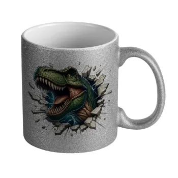 Dinosaur break wall, Κούπα Ασημένια Glitter που γυαλίζει, κεραμική, 330ml