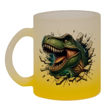 Dinosaur break wall, Κούπα γυάλινη δίχρωμη με βάση το κίτρινο ματ, 330ml