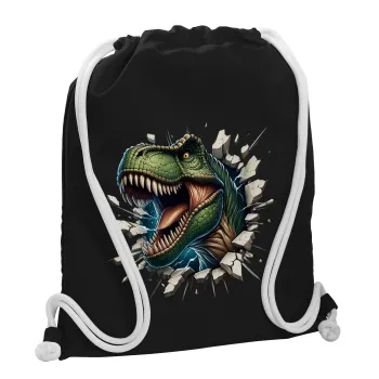 Dinosaur break wall, Τσάντα πλάτης πουγκί GYMBAG Μαύρη, με τσέπη (40x48cm) & χονδρά λευκά κορδόνια