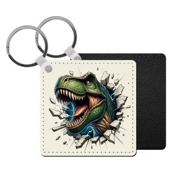 Dinosaur break wall, Μπρελόκ Δερματίνη, τετράγωνο ΜΑΥΡΟ (5x5cm)
