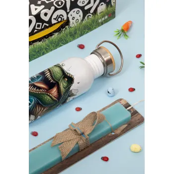 Dinosaur break wall, Πασχαλινή Λαμπάδα με παγούρι μεταλλικό (620ml, stainless steel) & κερί αρωματικό πλακέ (30cm) (ΤΙΡΚΟΥΑΖ)