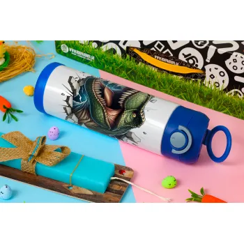 Dinosaur break wall, Πασχαλινή Λαμπάδα με Παιδικό παγούρι θερμό, ανοξείδωτο, με καλαμάκι ασφαλείας, ΜΠΛΕ (500ml)