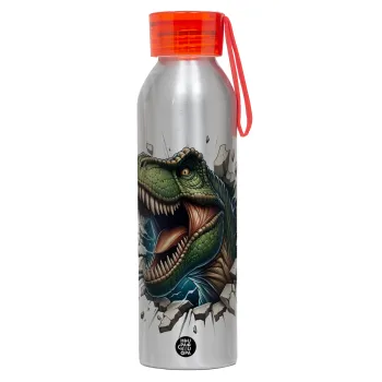 Dinosaur break wall, Αλουμινένιο Αθλητικό Μπουκάλι 650ml – Ασημί με Κόκκινο Καπάκι και Λουράκι Σιλικόνης