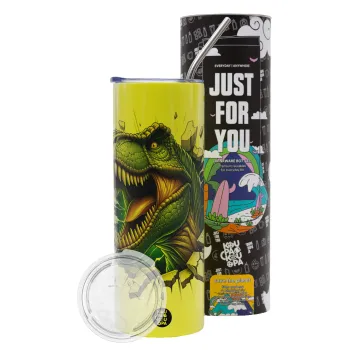 Dinosaur break wall, Neon Yellow Travel Tumbler θερμό, μεταλλικό καλαμάκι(Ανωξείδωτο 304 Food grade, BPA free, 600ml)