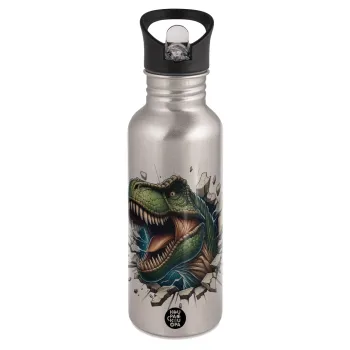 Dinosaur break wall, Water bottle Silver with straw, stainless steel 600ml