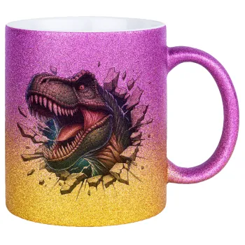 Dinosaur break wall, Κούπα Χρυσή/Ροζ Glitter, κεραμική, 330ml