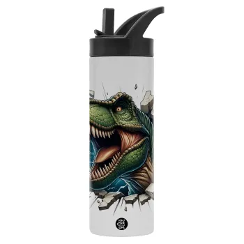 Dinosaur break wall, Μεταλλικό παγούρι θερμός με καλαμάκι & χειρολαβή, ανοξείδωτο ατσάλι (Stainless steel 304), διπλού τοιχώματος, 600ml
