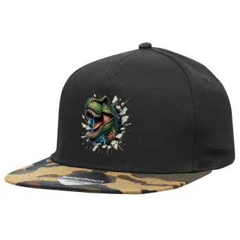 Dinosaur break wall, Adult Flat Snapback Hat Black/Camouflage, (100% COTTON TWILL, ADULT, UNISEX, ONE SIZE)